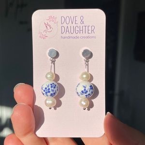 Blue Azul Glass Bead and Freshwater Pearl Hand Crafted Earrings